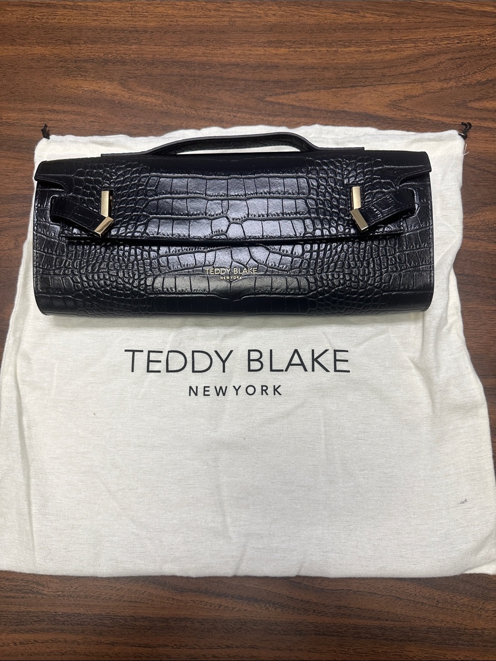 Teddy Blake Black Croc-Embossed Leather Clutch with Gold Hardware